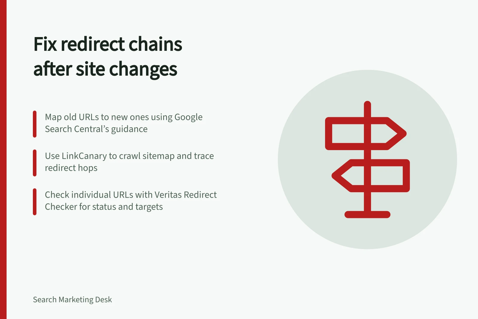 Fix redirect chains after site changes: Map old URLs to new ones using Google Search Central’s guidance; Use LinkCanary to crawl sitemap and trace redirect hops; Check individual URLs with Veritas Redirect Checker for status and targets