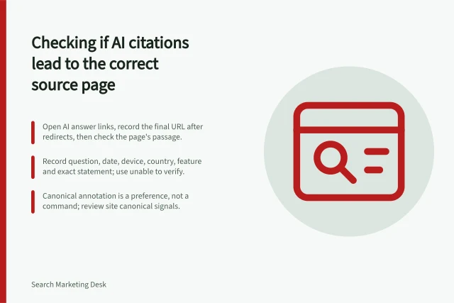 Checking if AI citations lead to the correct source page: Open AI answer links, record the final URL after redirects, then check the page's passage.; Record question, date, device, country, feature and exact statement; use unable to verify.; Canonical annotation is a preference, not a command; review site canonical signals. Checking whether citations lead to the correct source page