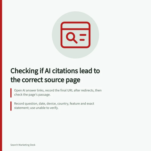 Checking if AI citations lead to the correct source page: Open AI answer links, record the final URL after redirects, then check the page's passage.; Record question, date, device, country, feature and exact statement; use unable to verify.; Canonical annotation is a preference, not a command; review site canonical signals. Checking whether citations lead to the correct source page