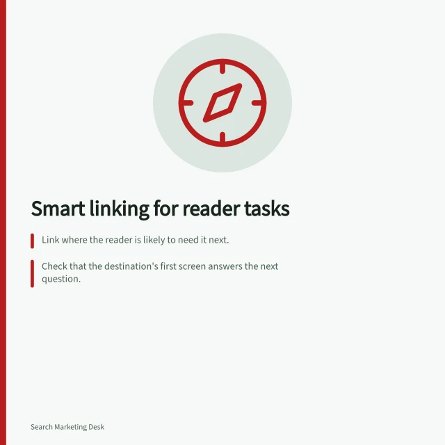Smart linking for reader tasks: Link where the reader is likely to need it next.; Check that the destination's first screen answers the next question.; Avoid links needing multiple unrelated clicks. Choosing a contextual link that helps the next reader task