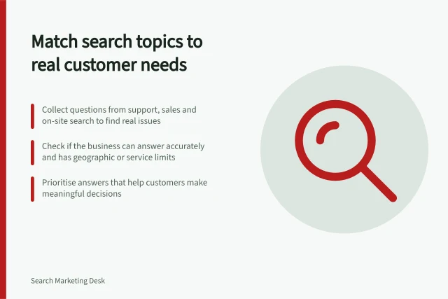 Match search topics to real customer needs: Collect questions from support, sales and on-site search to find real issues; Check if the business can answer accurately and has geographic or service limits; Prioritise answers that help customers make meaningful decisions. Choosing search topics from customer needs