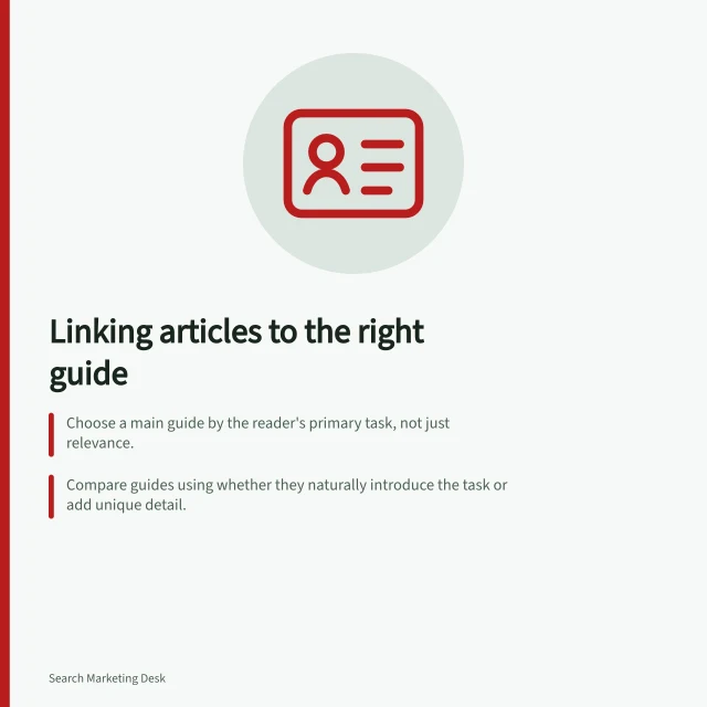 Linking articles to the right guide: Choose a main guide by the reader's primary task, not just relevance.; Compare guides using whether they naturally introduce the task or add unique detail.; Ensure both pages work alone: guide sets context, supporting article gives answer early. Connecting supporting articles to the right main guide