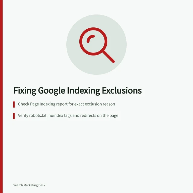 Fixing Google Indexing Exclusions: Check Page Indexing report for exact exclusion reason; Verify robots.txt, noindex tags and redirects on the page; Compare final response and canonical signals with a similar indexed page. Diagnosing a page excluded from search indexing