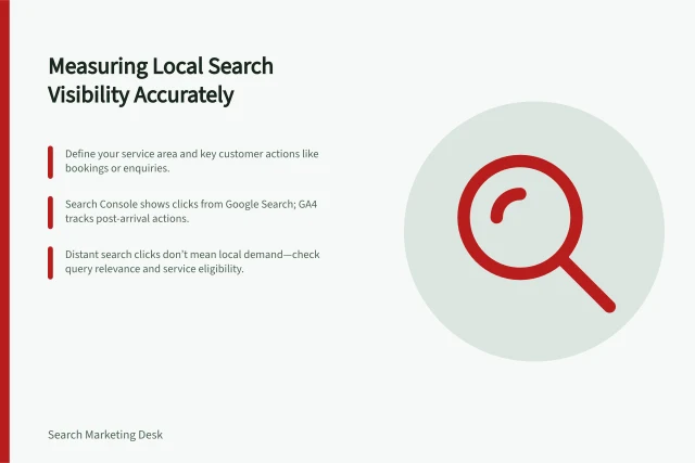Measuring Local Search Visibility Accurately: Define your service area and key customer actions like bookings or enquiries.; Search Console shows clicks from Google Search; GA4 tracks post-arrival actions.; Distant search clicks don’t mean local demand—check query relevance and service eligibility. Evaluating local search visibility without assuming every visitor is local