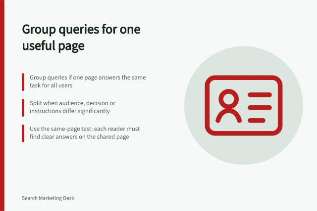 Group queries for one useful page: Group queries if one page answers the same task for all users; Split when audience, decision or instructions differ significantly; Use the same-page test: each reader must find clear answers on the shared page. Grouping queries that need one useful page