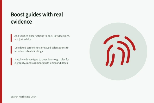 Boost guides with real evidence: Add verified observations to back key decisions, not just advice; Use dated screenshots or saved calculations to let others check findings; Match evidence type to question—e.g., rules for eligibility, measurements with units and dates. Improving a guide with original evidence