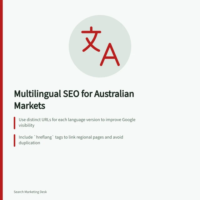 Multilingual SEO for Australian Markets: Use distinct URLs for each language version to improve Google visibility; Include `hreflang` tags to link regional pages and avoid duplication; Localise content with Australian terms, currency and support details. International and multilingual SEO