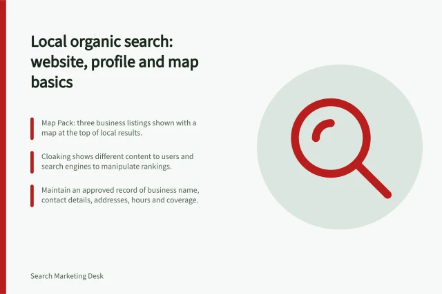 Local organic search: website, profile and map basics: Map Pack: three business listings shown with a map at the top of local results.; Cloaking shows different content to users and search engines to manipulate rankings.; Maintain an approved record of business name, contact details, addresses, hours and coverage. Local organic search