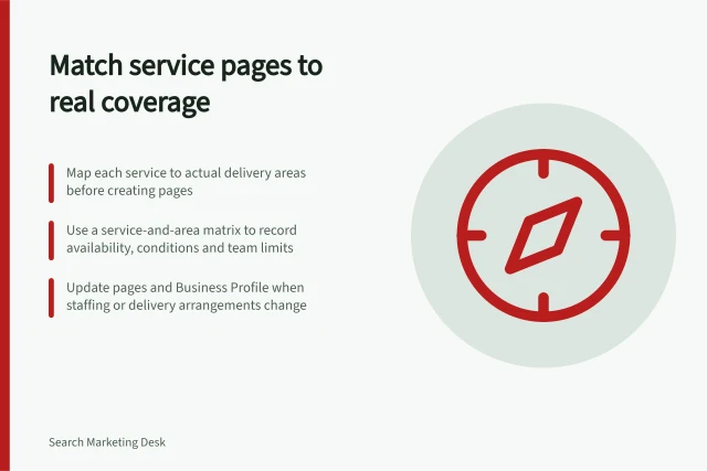 Match service pages to real coverage: Map each service to actual delivery areas before creating pages; Use a service-and-area matrix to record availability, conditions and team limits; Update pages and Business Profile when staffing or delivery arrangements change. Matching service pages to actual service coverage