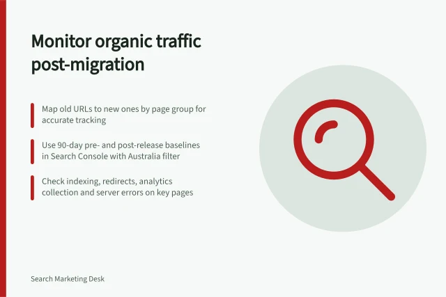 Monitor organic traffic post-migration: Map old URLs to new ones by page group for accurate tracking; Use 90-day pre- and post-release baselines in Search Console with Australia filter; Check indexing, redirects, analytics collection and server errors on key pages. Monitoring organic traffic after a migration by page group