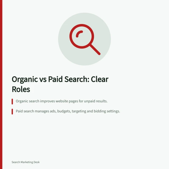 Organic vs Paid Search: Clear Roles: Organic search improves website pages for unpaid results.; Paid search manages ads, budgets, targeting and bidding settings.; Both channels need separate tracking for accurate performance measurement. Organic search versus paid search: separating the work