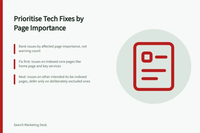 Prioritise Tech Fixes by Page Importance: Rank issues by affected page importance, not warning count; Fix first: issues on indexed core pages like home page and key services; Next: issues on other intended-to-be-indexed pages, defer only on deliberately excluded ones. Prioritising technical issues by affected page importance