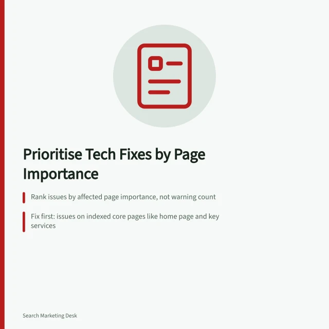 Prioritise Tech Fixes by Page Importance: Rank issues by affected page importance, not warning count; Fix first: issues on indexed core pages like home page and key services; Next: issues on other intended-to-be-indexed pages, defer only on deliberately excluded ones. Prioritising technical issues by affected page importance
