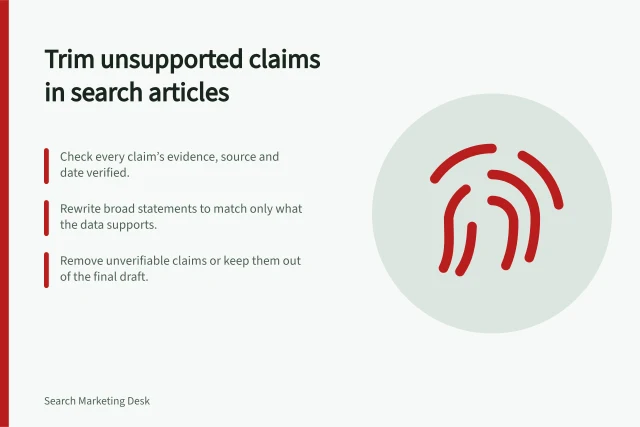 Trim unsupported claims in search articles: Check every claim’s evidence, source and date verified.; Rewrite broad statements to match only what the data supports.; Remove unverifiable claims or keep them out of the final draft. Removing unsupported claims from a search-focused article