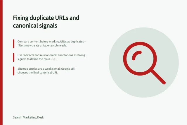 Fixing duplicate URLs and canonical signals: Compare content before marking URLs as duplicates – filters may create unique search needs.; Use redirects and rel=canonical annotations as strong signals to define the main URL.; Sitemap entries are a weak signal; Google still chooses the final canonical URL. Reviewing duplicate URLs and canonical signals