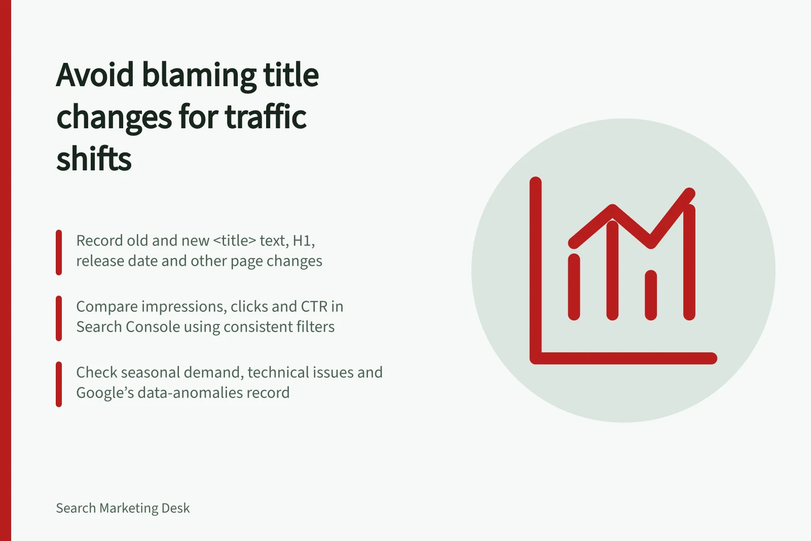 Avoid blaming title changes for traffic shifts: Record old and new <title> text, H1, release date and other page changes; Compare impressions, clicks and CTR in Search Console using consistent filters; Check seasonal demand, technical issues and Google’s data-anomalies record