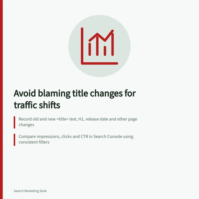 Avoid blaming title changes for traffic shifts: Record old and new <title> text, H1, release date and other page changes; Compare impressions, clicks and CTR in Search Console using consistent filters; Check seasonal demand, technical issues and Google’s data-anomalies record. Reviewing title changes without assuming every fluctuation is caused by them