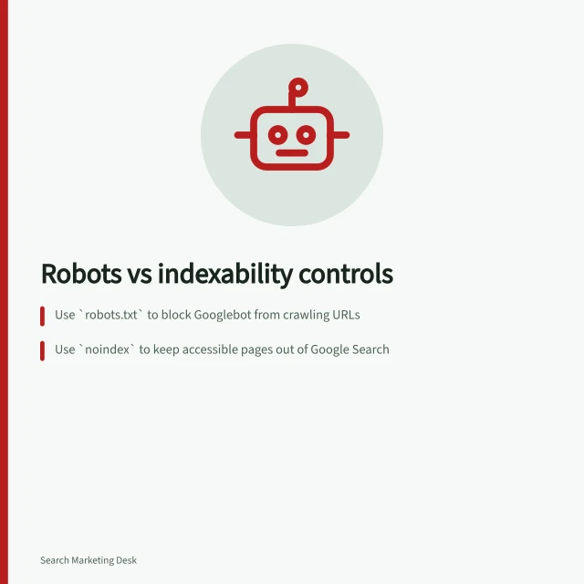 Robots vs indexability controls: Use `robots.txt` to block Googlebot from crawling URLs; Use `noindex` to keep accessible pages out of Google Search; A canonical signal favours one URL among duplicates. Robots directives versus indexability controls