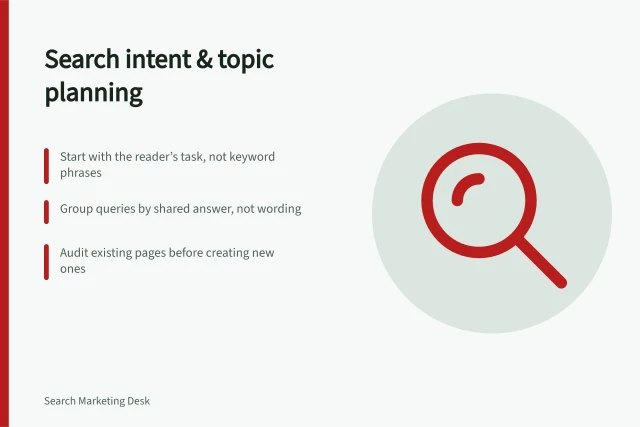 Search intent & topic planning: Start with the reader’s task, not keyword phrases; Group queries by shared answer, not wording; Audit existing pages before creating new ones. Search intent and topic planning