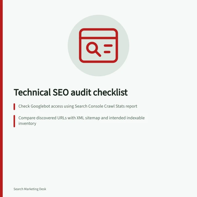 Technical SEO audit checklist: Check Googlebot access using Search Console Crawl Stats report; Compare discovered URLs with XML sitemap and intended indexable inventory; Validate redirects after site moves using URL Inspection and retesting. Technical SEO audits