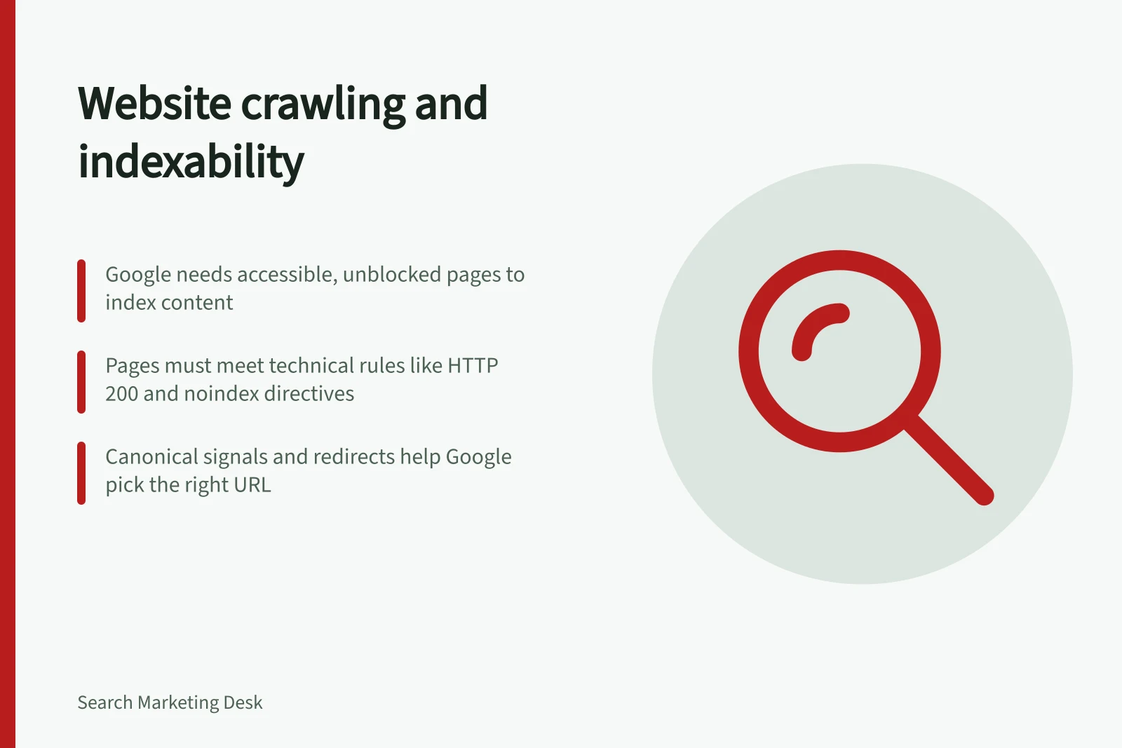 Website crawling and indexability: Google needs accessible, unblocked pages to index content; Pages must meet technical rules like HTTP 200 and noindex directives; Canonical signals and redirects help Google pick the right URL