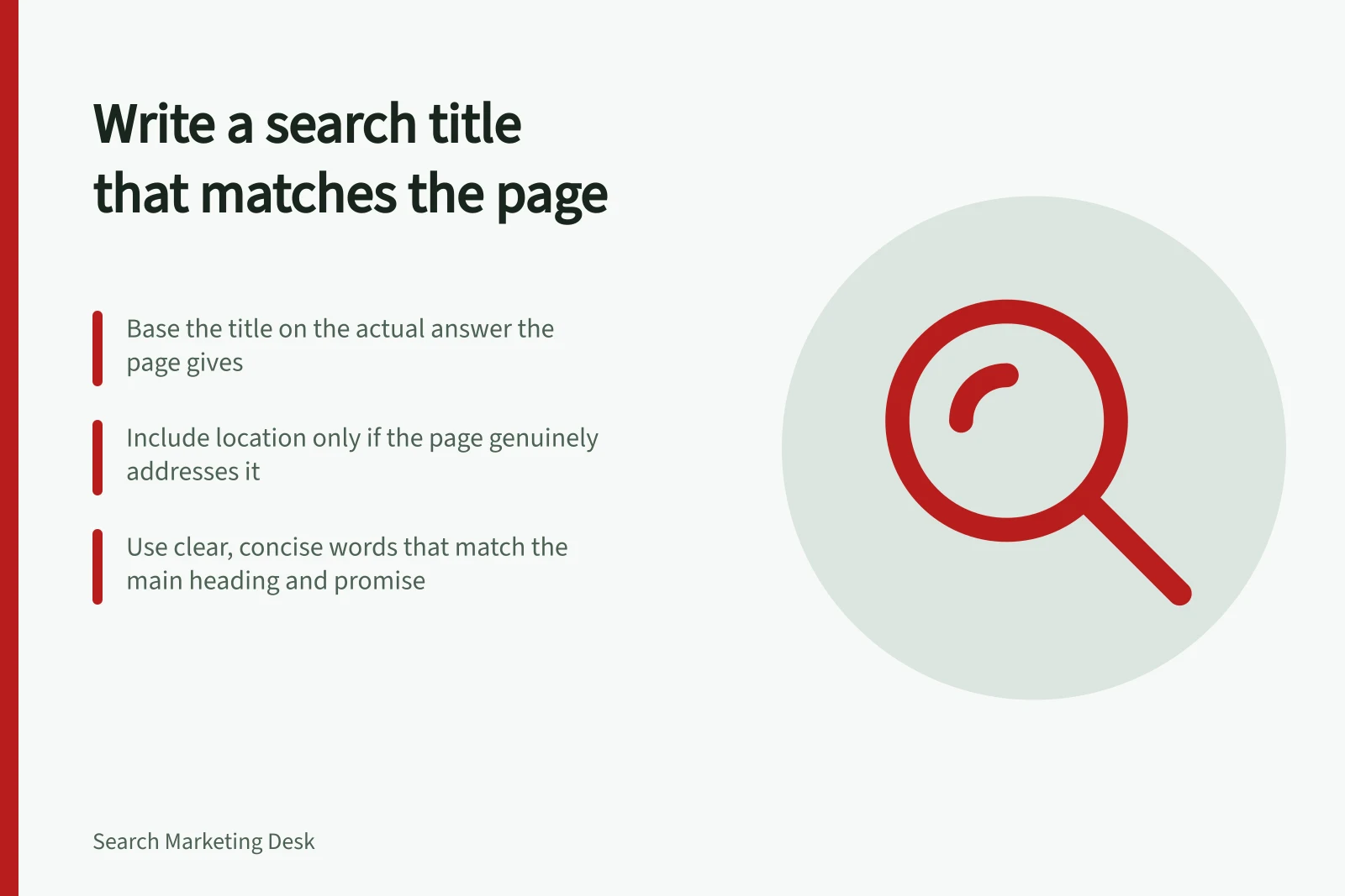 Write a search title that matches the page: Base the title on the actual answer the page gives; Include location only if the page genuinely addresses it; Use clear, concise words that match the main heading and promise