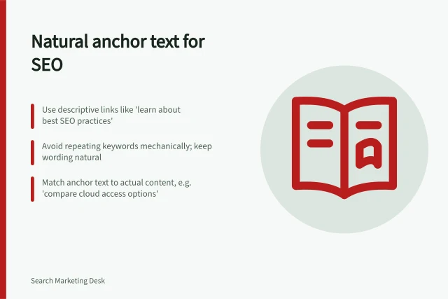 Natural anchor text for SEO: Use descriptive links like 'learn about best SEO practices'; Avoid repeating keywords mechanically; keep wording natural; Match anchor text to actual content, e.g. 'compare cloud access options'. Writing descriptive anchors without forced keywords